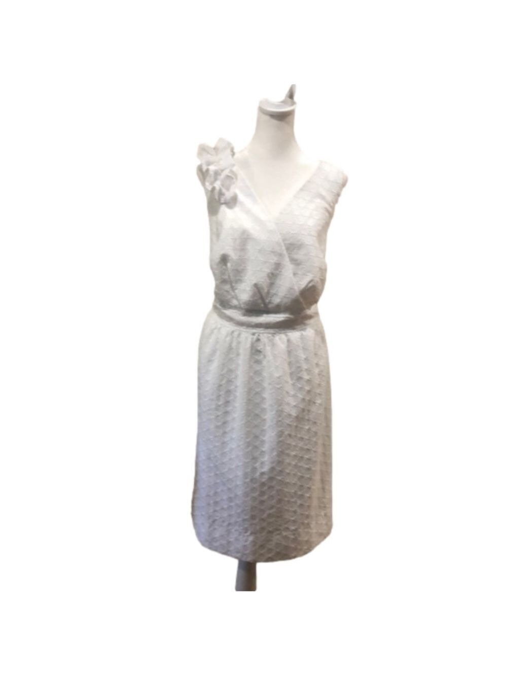 Dress Barn white eyelet, surplice front dress w/ruffle on one shoulder. Size 14